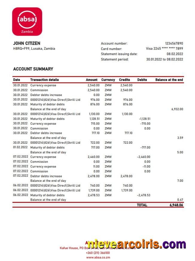 Zambia Absa bank statement